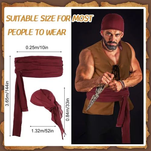 Vista 6 de Capoda Disfraz de pirata para adulto, 5 unidades, camisa vikinga medieval, pantalones de pirata, bandana, cinturón para Halloween, fiesta de cosplay