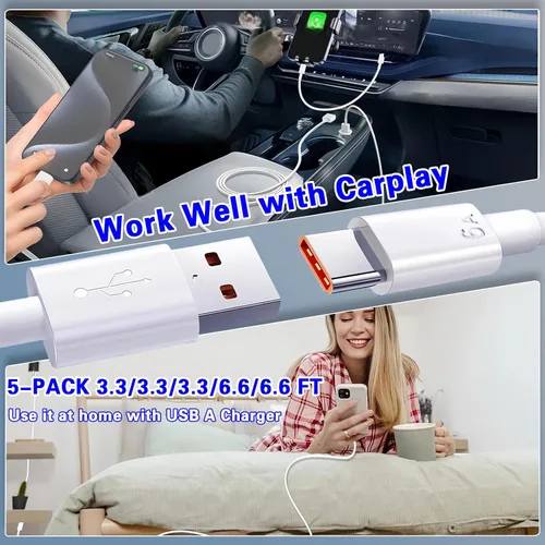 Vista 5 de Paquete de 5 cables de carga rápida USB A a USB C, transferencia de datos Compatible con dispositivos iPhone 17/16/15 y tipo C, paquete económico