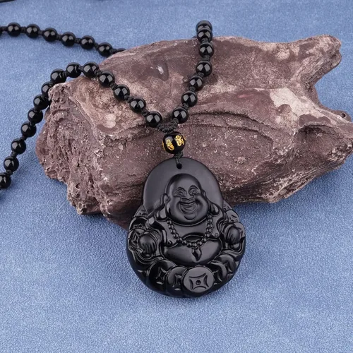 Vista 2 de VIKCAUX Collar de obsidiana negra con dije de protección de amuleto de talismán con cadena de cuentas ajustable, collares de piedra de cristal