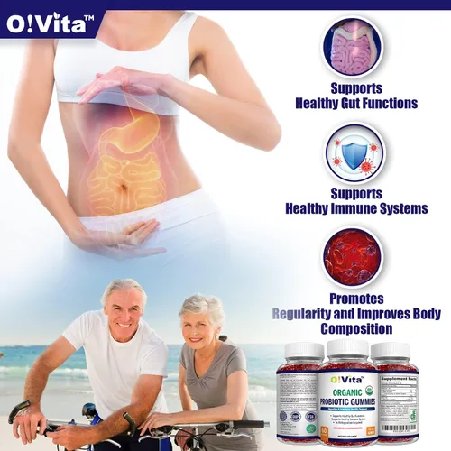 Vista 2 de Gomitas probióticas orgánicas, 5 mil millones de UFC, fuerza máxima, sabor a fresa, salud intestinal y apoyo inmunológico para hombres, mujeres
