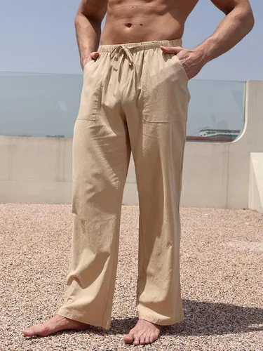 Vista 4 de WOWULOVELY Pantalones casuales de lino de algodón para hombre, holgados, ligeros, con cintura elástica, pantalones de yoga, playa, bolsillos