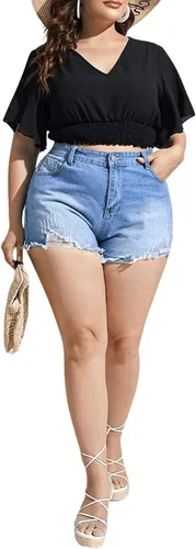 Vista 5 de SOLY HUX Women's Plus Size V Neck Butterfly Short Sleeve Shirred Crop Top Blouse
