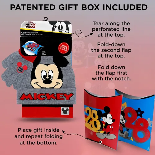 Vista 4 de Mickey Mouse - Gorro de invierno para niños bufanda y guantes de nieve juego de 3 piezas suave y cálido para exteriores para niños y niños pequeños