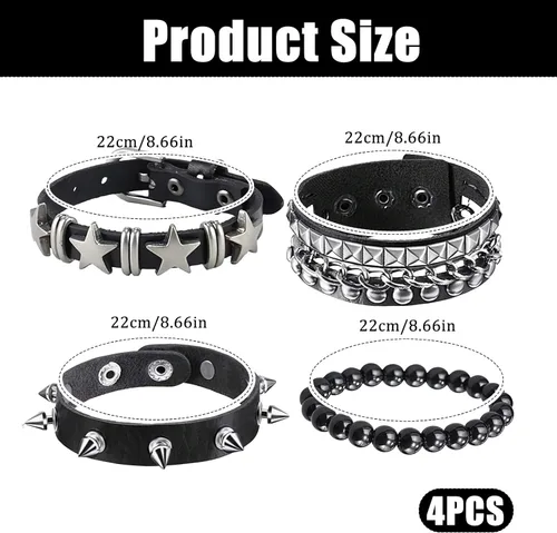 Vista 2 de Juego de 4 pulseras punk rock con tachuelas, pulseras de cuero para hombres y mujeres, pulseras con pinchos y accesorios emogóticos para fiestas