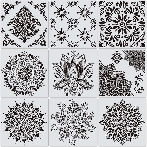 Vista 9 de Paquete de 9 plantillas de Rangoli grandes de 12 x 12 pulgadas, plantillas de mandala, plantilla de pintura cortada con láser para arte