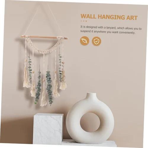 Vista 8 de DECHOUS Tapiz de algodón de macramé, 1 juego, tapiz de algodón, guirnalda verde, decoración de madera, beige, escultura de boda, macramé para colgar