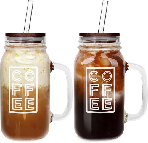 Vista 8 de ANOTION Tarro Mason con Tapa y Pajita, Tarros Mason de Boca Regular de 24 oz con Asa, Vasos para Beber, Vaso Tipo Tumbler, Tazas Reutilizables