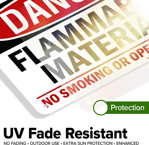 Vista 4 de Cartel de peligro de material inflamable No Smoking or Open Flames, 7 x 10 pulgadas, libre de óxido, aluminio 040, resistente a la decoloración