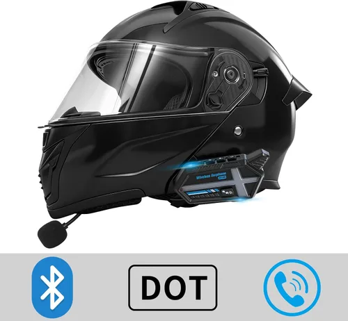 Vista 2 de Cascos modulares Bluetooth para motocicleta con luces traseras, certificado por DOT, doble visera, cascos de cara completa para hombres y mujeres