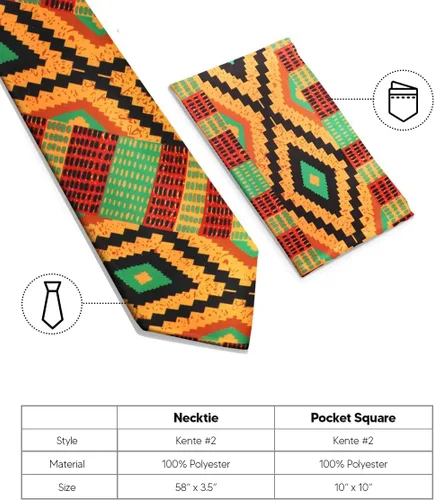 Vista 39 de Juego de corbata Kente con estampado africano y animal y pañuelo de bolsillo a juego