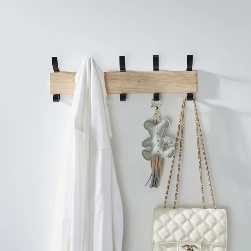 Vista 4 de Perchero de madera maciza para colgar en la pared, colgador de entrada, perchero de madera de metal con 5 ganchos de aluminio negro para bufanda