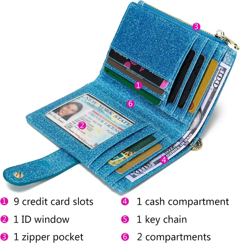Vista 2 de Carteras para mujer RFID pequeñas y compactas de cuero plegable con bolsillo con cremallera