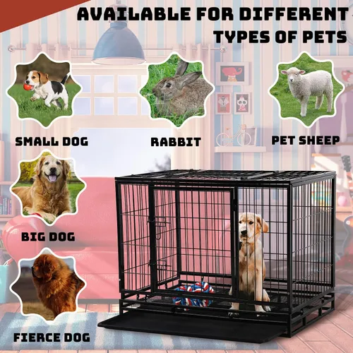 Vista 5 de HCY Jaula para perros grande de 48 pulgadas, resistente, plegable, con ruedas con bloqueo, puertas dobles, bandeja de plástico para mascotas