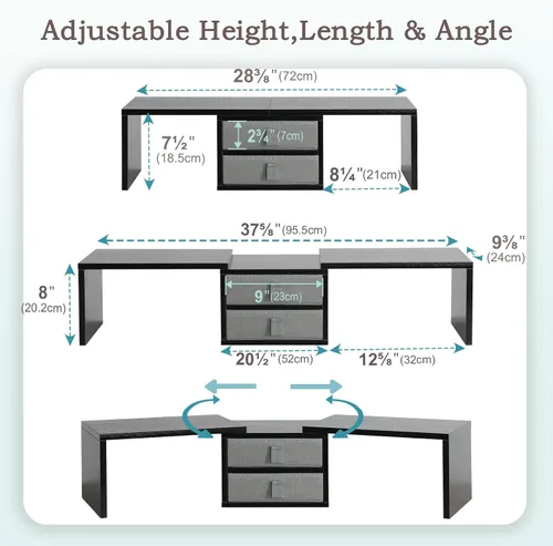 Vista 5 de TEAMIX Soporte para monitor dual con 2 cajones - Longitud y ángulo ajustables, elevador de monitor de 3 estantes con almacenamiento, organizador