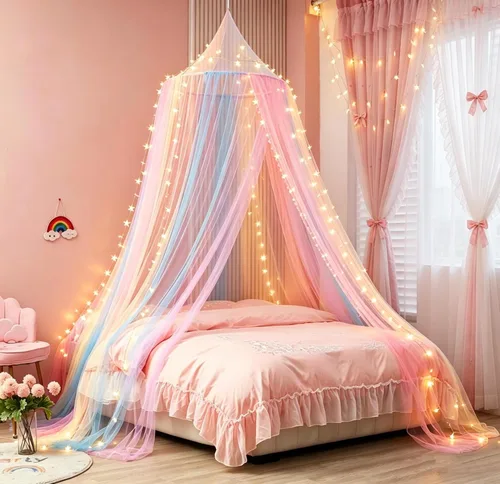 Vista 7 de Mosquitera Toldo de Cama para Niñas, Cortinas de Cama King con Dosel Tamaño Full Queen desde el Techo, Tienda de Cama de Mosquitera de Cúpula Twin