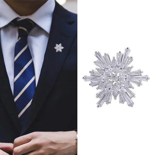 Vista 7 de OKA Broche de copo de nieve de cristal austriaco transparente, elegante broche de cristal blanco para mujer, Cobre