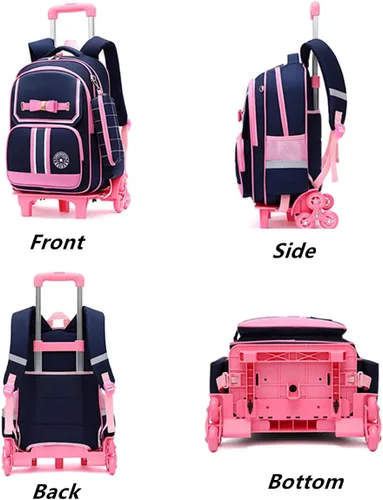 Vista 2 de Mfikaryi Pretty Princess - Mochila con ruedas para niñas, escuela primaria primaria con ruedas, Deep Blue-6 Ruedas, Classic