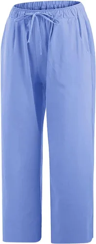 Vista 4 de YZHM Capris para mujer casual de verano, pantalones de lino con cordón elástico en la cintura de pierna ancha, pantalones sueltos recortados