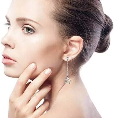 Vista 6 de American USA Patriotic Celestial Rock Super Stars Chain Long Linear Dangle Earrings Charm Circle Thin Big Star Hoop Earrings For Women Teen .925