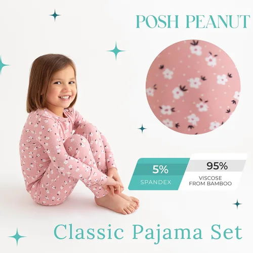 Vista 27 de Posh Peanut Pijamas para niñas, suaves, de viscosa de bambú para niños, pijamas a juego de manga larga para niñas