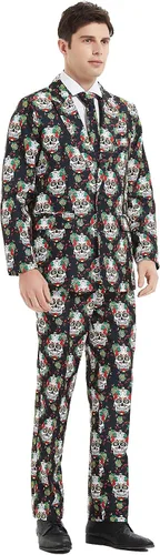 Vista 2 de ACH Traje de Halloween para hombre, disfraz de fiesta para adultos, con diferentes estampados, 3 piezas, chaqueta fea y divertida para hombre, traje