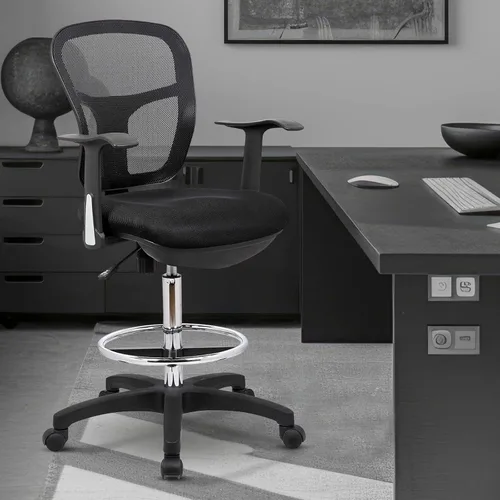 Vista 2 de Silla de dibujo con anillo para el pie, taburete de redacción con respaldo de malla, altura ajustable, brazos extraíbles silla giratoria para Negro
