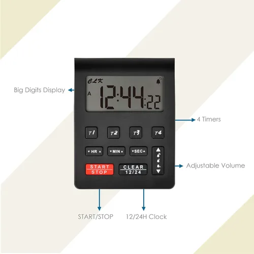 Vista 2 de Runleader Temporizador digital de cocina de escritorio, 4 temporizadores de cuenta regresiva y cronómetros con reloj de 12/24 horas, alarma