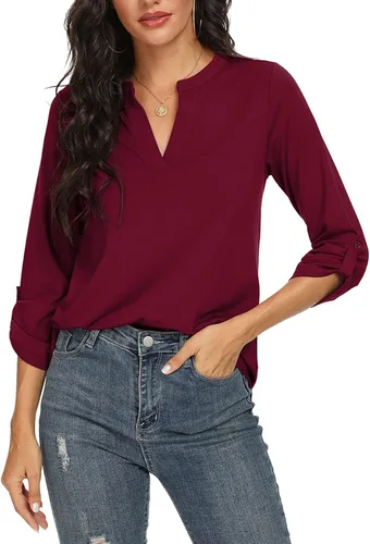 Vista 3 de NILOUFO - Blusas tipo túnica de verano para mujer, con escote en V, mangas 34 enrollables