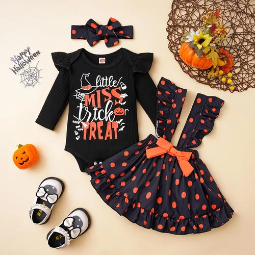 Vista 2 de Traje de Halloween para bebé recién nacido, con letras divertidas, mameluco de calabaza, con volantes, lunares, con tirantes, diadema