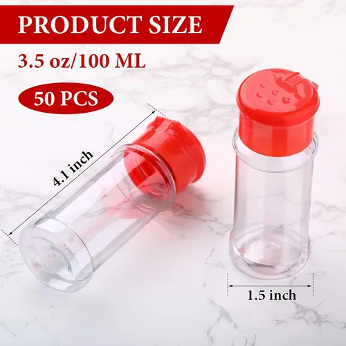 Vista 2 de 50 botellas de plástico de 3.5 onzas líquidas para especias con tapa, recipiente vacío transparente para almacenar hierbas, polvos, cocina