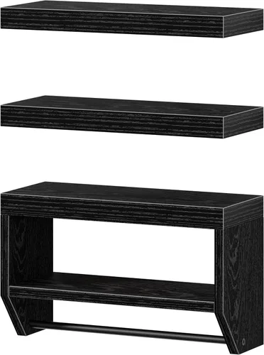 Vista 8 de Estantes flotantes de baño QEEIG para pared - Estante sobre inodoro para almacenamiento de papel higiénico estilo granja 40.6 cm, juego de 3, negro