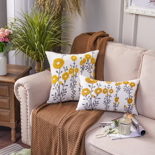 Vista 5 de ARTMAGIC Fundas decorativas para cojín con flores amarillas bordadas, fundas de almohada cuadradas estilo granja para sofá, cama, sala de estar