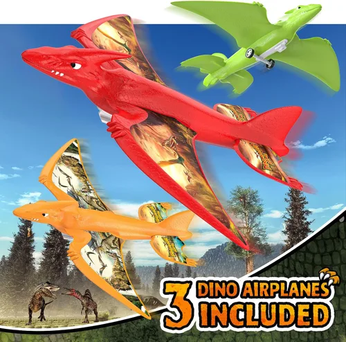 Vista 2 de Aiencsai Paquete de 3 juguetes de lanzamiento de aviones de dinosaurio para niños, aviones de espuma para niños juguetes de niños con calcomanías