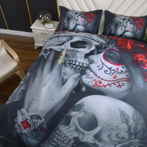 Vista 4 de Juego de funda de edredón con diseño de calavera de azúcar gótica oscura 3D