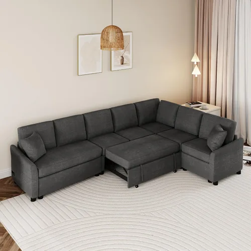 Vista 14 de JIVOIT Sofá cama moderno en forma de L con dos almohadas de respaldo, sofá cama modular de 124.8 pulgadas con cama extraíble, sofá modular Beige 052