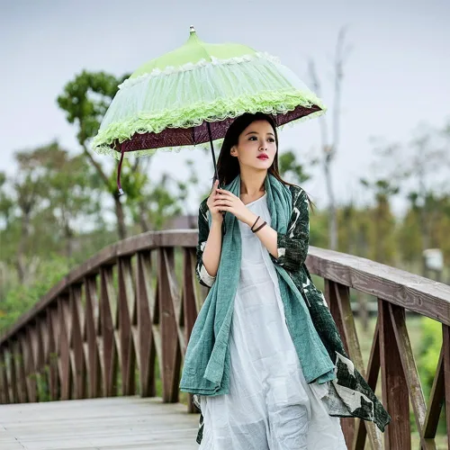 Vista 6 de Honeystore Pagoda Parasol 3 Folding Lace Totes Sun Rain Wedding Ruffle Umbrella