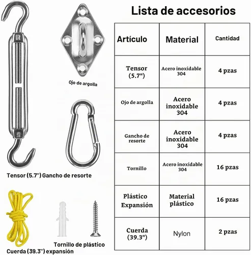 Vista 5 de Kit de herramientas para toldo, kit de accesorios de acero inoxidable para triángulo, cuadrado, rectangular, instalación de toldo para patio y césped