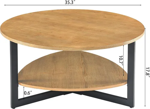 Vista 3 de Mesa de centro redonda para sala de estar, mesa de cóctel grande de 35.3 pulgadas con estante de almacenamiento, mesa de té central de madera