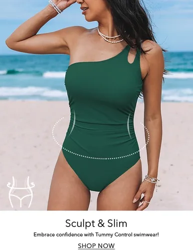 Vista 5 de CUPSHE Traje de baño de una pieza para mujer, con control de abdomen, un hombro recortado, adelgazante