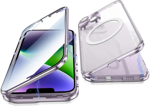 Vista 9 de Funda para iPhone 14, protección de doble cara de 360 grados, compatible con Magsafe de absorción magnética, parachoques de metal frontal de vidrio