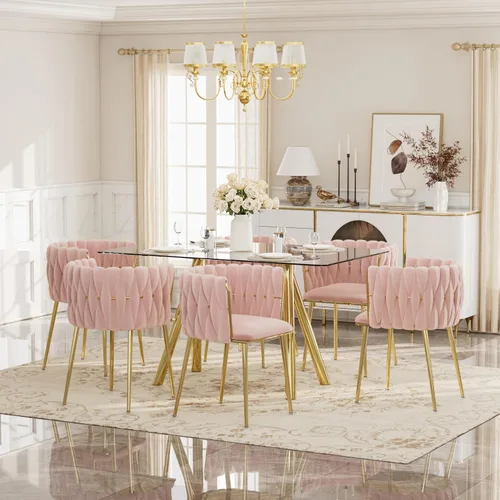 Vista 16 de Glam Style - Juego de mesa de comedor de 5 piezas para 4, mesa de comedor rectangular de vidrio templado de 51 pulgadas con base de metal dorado