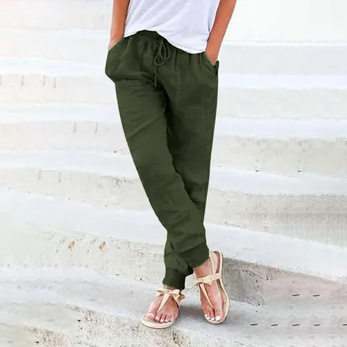 Vista 3 de DGZTWLL Pantalones de lino para mujer, de verano, talla pequeña, talla grande, cintura alta, cónicos, casuales, pantalones deportivos de yoga