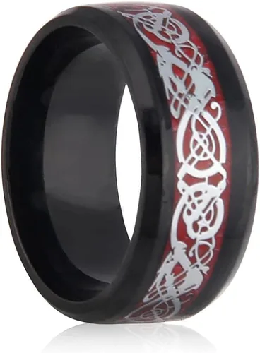 Vista 2 de BAVIPOWER Anillo de boda de acero inoxidable con dragón celta nórdico negrodoradoverderojoazul