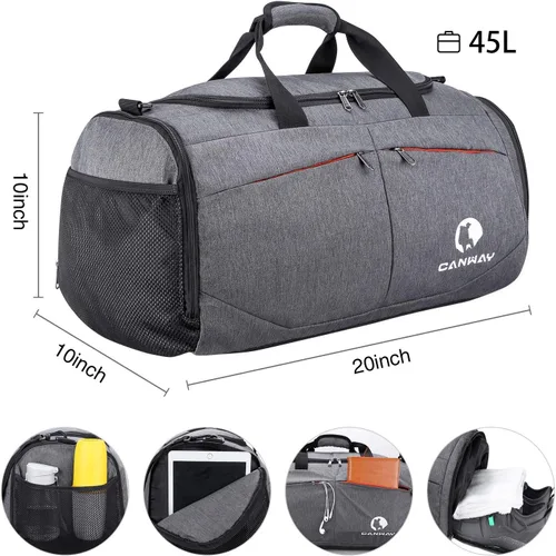 Vista 2 de Canway Bolsa deportiva para gimnasio, bolsa de viaje con bolsillo húmedo y compartimento para zapatos para hombres y mujeres, 45L, ligera