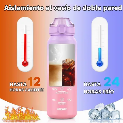 Vista 3 de SLUXKE Botella de agua aislada de acero inoxidable de 32 onzas con asa, botella aislada de doble pared de 1 litro con marcador de tiempo libre