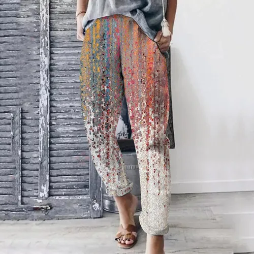 Vista 2 de Pantalones de lino para mujer, pantalones deportivos de verano con estampado floral, estilo casual, cintura elástica, pantalones palazzo, pantalones