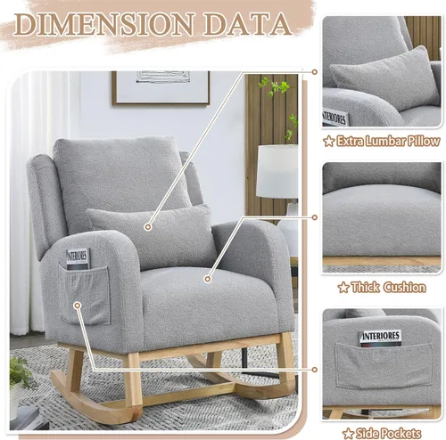 Vista 4 de JEEOHEY Mecedora para guardería, mecedora tapizada con respaldo alado, mecedora con respaldo alto cómodo, reposabrazos curvado, almohada lumbar