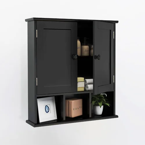 Vista 3 de TaoHFE Gabinete de almacenamiento negro para baño sobre el inodoro, organizador de gabinete de medicina de pared con 2 puertas y estantes