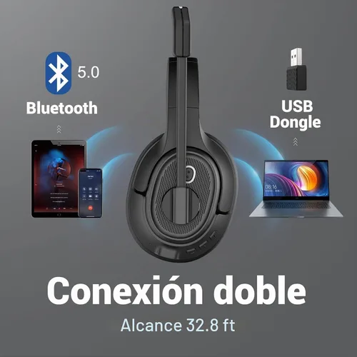 Vista 2 de Auriculares Bluetooth para PC, auriculares inalámbricos para computadora con micrófono de cancelación de ruido ambiental alimentado por IA y dongle