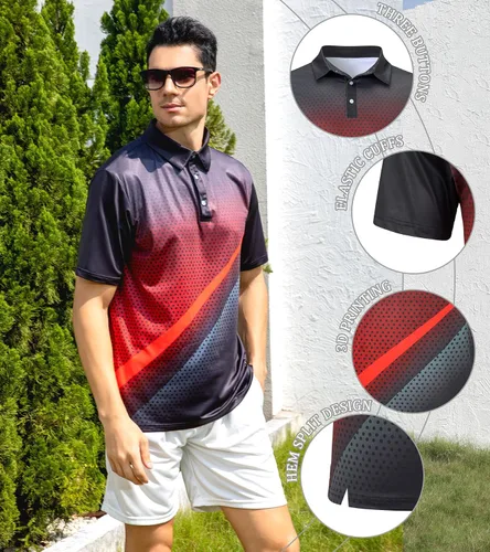 Vista 6 de uideazone Camisa de golf para hombre, de ajuste seco, atlética, absorbe la humedad, rendimiento con impresión 3D, manga corta